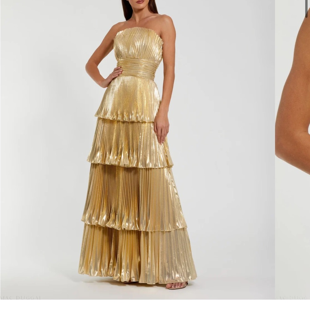 Mac Duggal Gold Strapless Pleated Metallic Layered Ruffle Gown